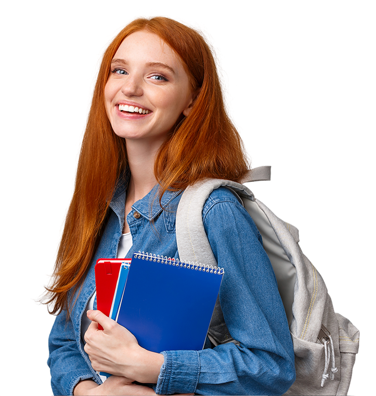 Smiling student with backpack and notebooks