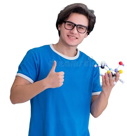 Physics student holding a molecular model